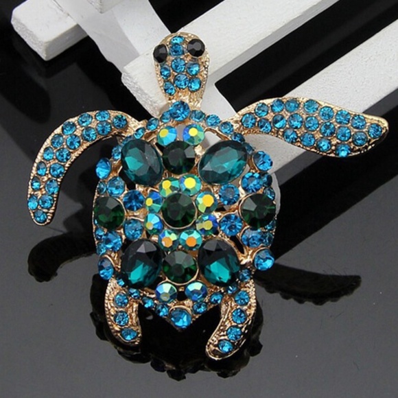 **ROCHELLE* Gold x Blue Fashion Sea Turtle Brooch - Picture 1 of 4